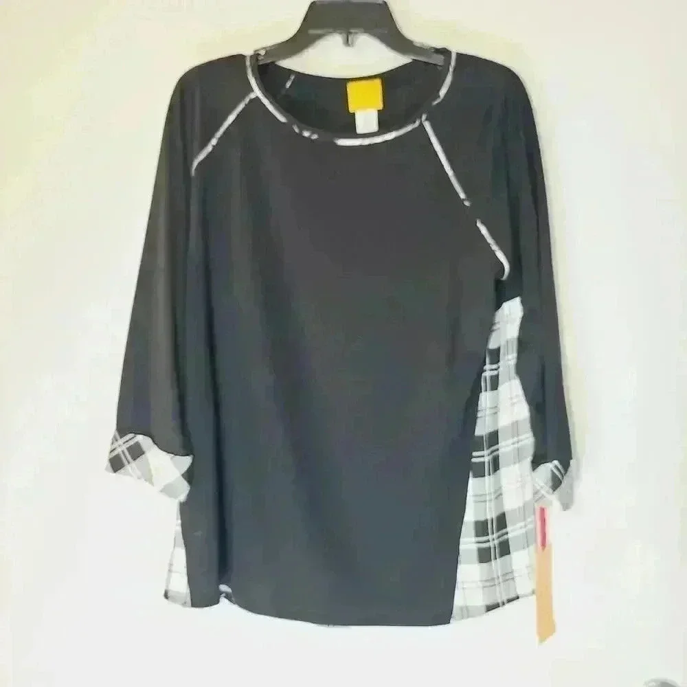 Ruby Rd. NWT Black Plaid 3/4 Sleeve Pullover Top Tunic Sz M - Picture 1 of 6